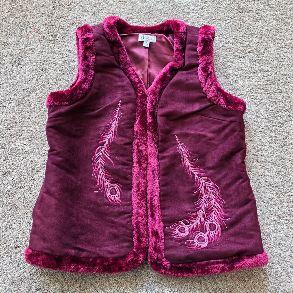 New Denim & Co Faux Suede Vest Faux Fur Embroidered Detail Wine M d&co Burgundy